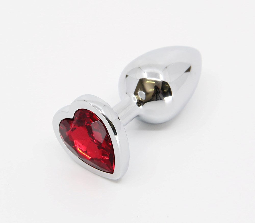 Love In Leather Metal Butt Plug With Heart Gem Red Premium Aluminium Alloy - Small - Butt Plugs