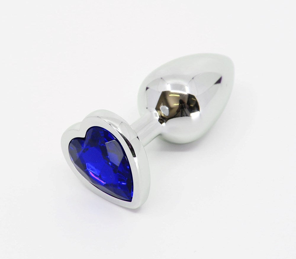 Love In Leather Metal Anal Plug With Heart Gem Blue Premium Aluminium Construction - Small - Butt Plugs