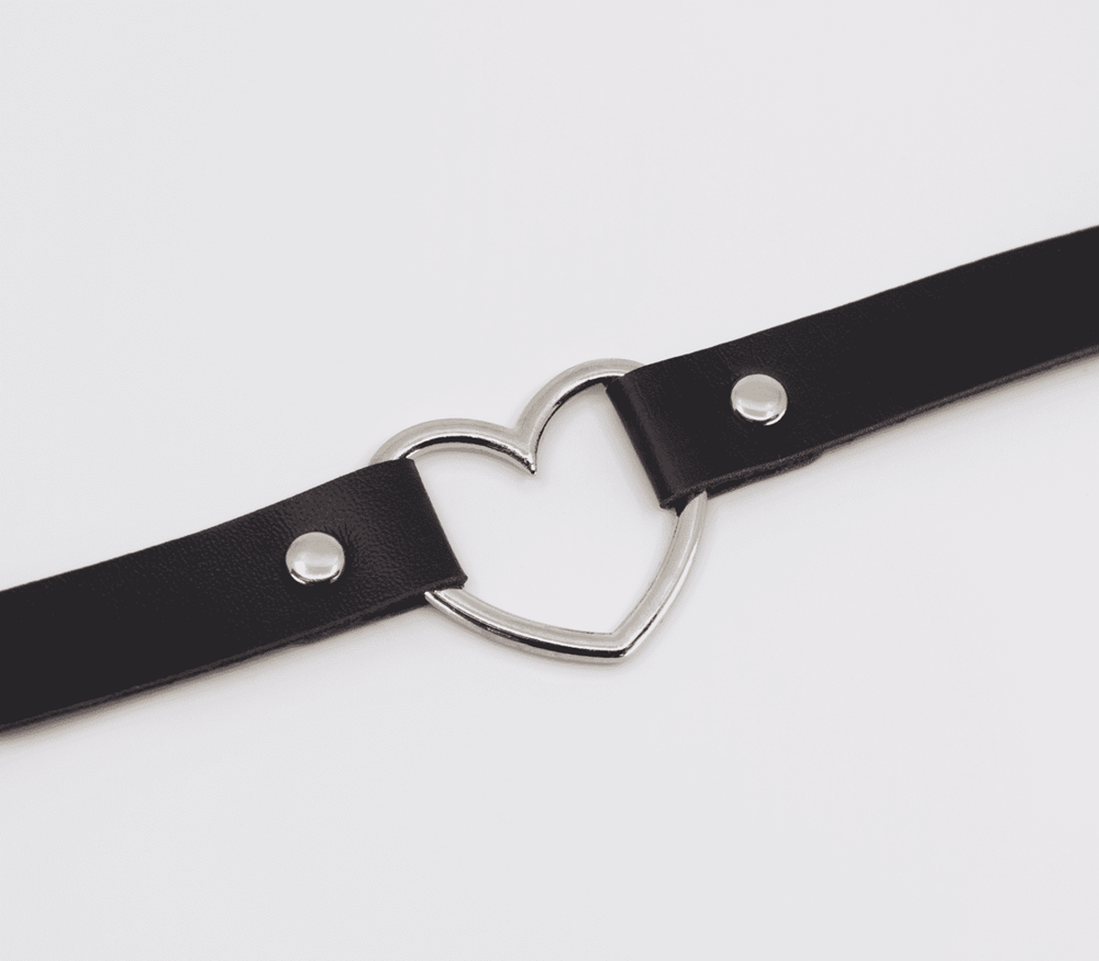 Love In Leather Heart Ring Faux Leather Fetish Choker - - Collars and Leads