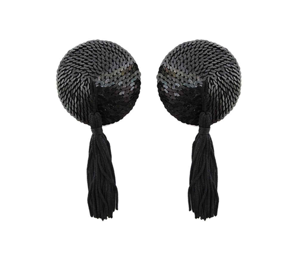 Love In Leather Round Sequin Nipple Tassels with Premium Sequin Design - Black - Breast and Nipple Toys