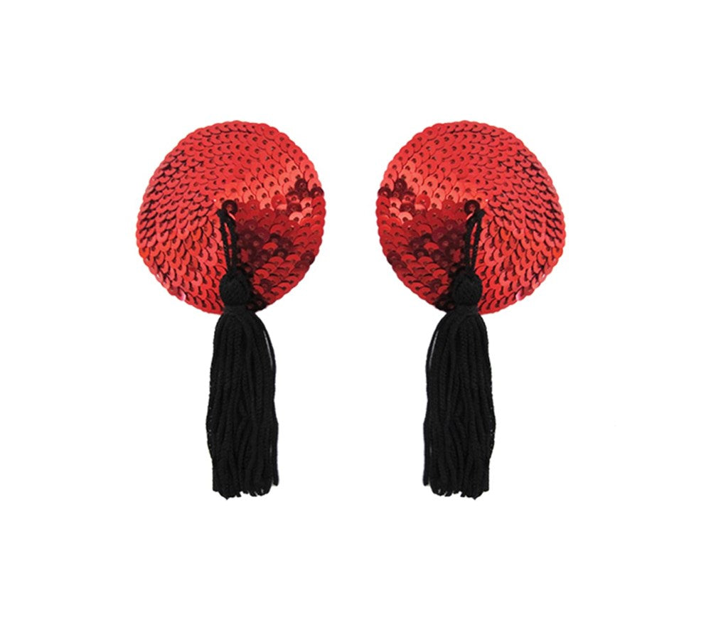Love In Leather Round Sequin Nipple Tassels with Premium Sequin Design - Red - Breast and Nipple Toys