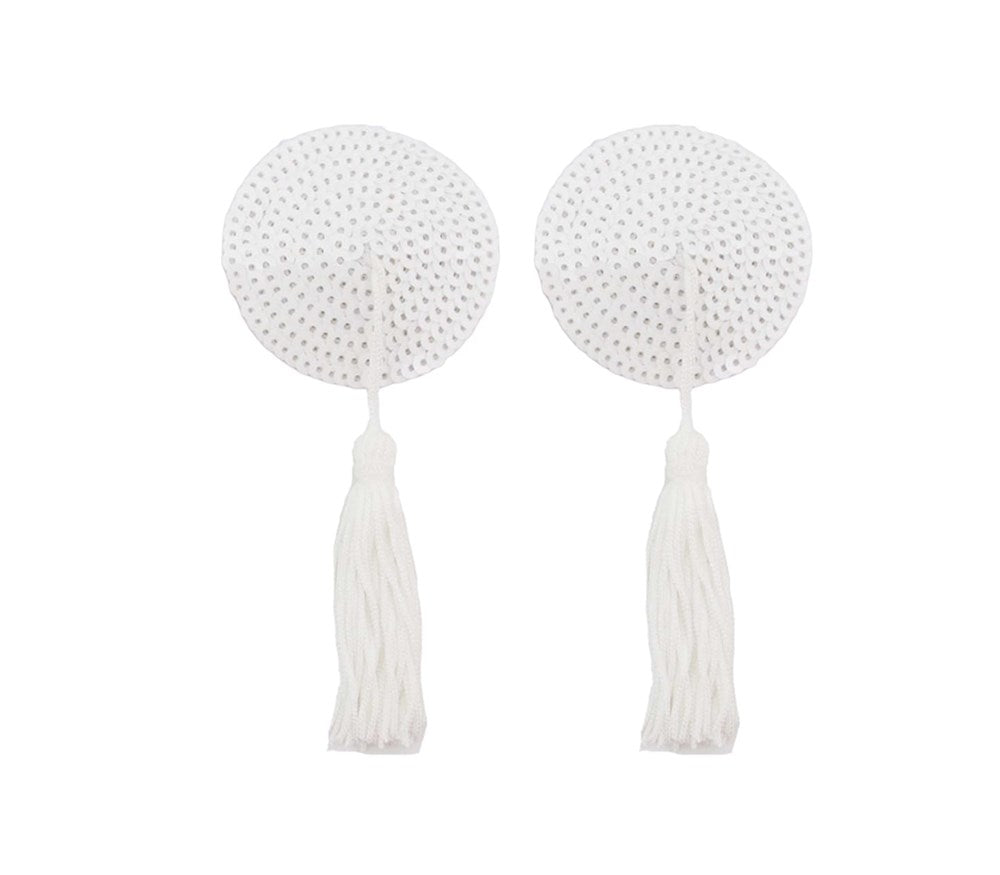 Love In Leather Round Sequin Nipple Tassels with Premium Sequin Design - White - Breast and Nipple Toys