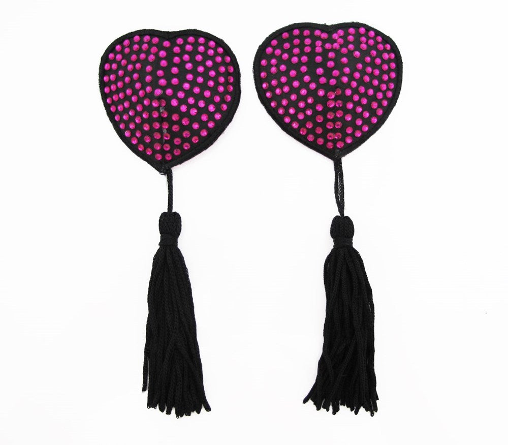 Love In Leather Heart Shape Rhinestone Nipple Tassels Sparkly Romantic - Hot Pink - Breast and Nipple Toys