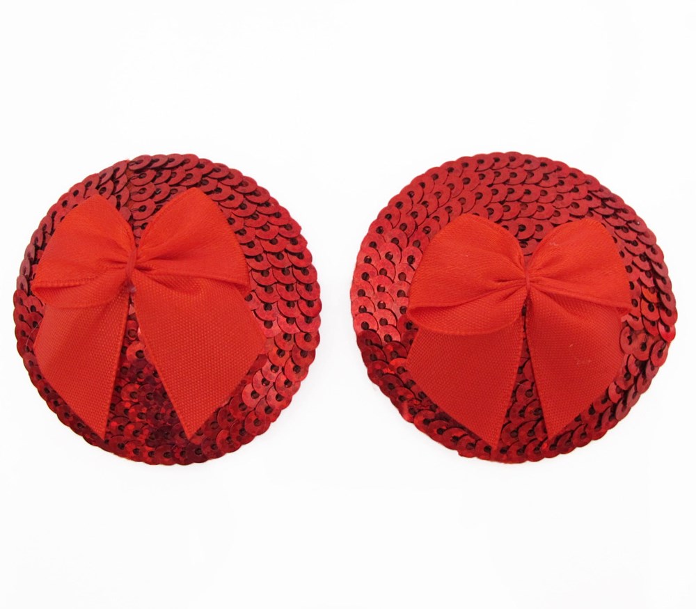 Love In Leather Round Sequin Nipple Pasties With Bow Sparkling Adhesive - Red - Breast and Nipple Toys