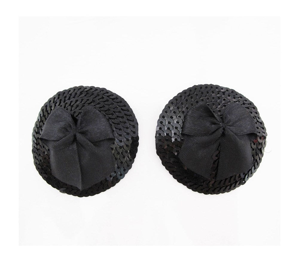 Love In Leather Round Sequin Nipple Pasties With Bow Sparkling Adhesive - Black - Breast and Nipple Toys