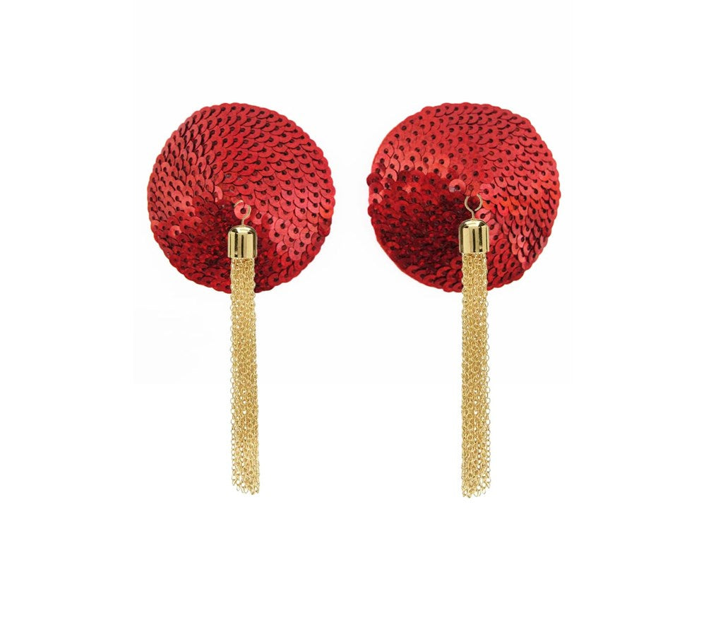 Love In Leather Sequin Pasties With Chain Tassels Burlesque Performance - Red - Breast and Nipple Toys