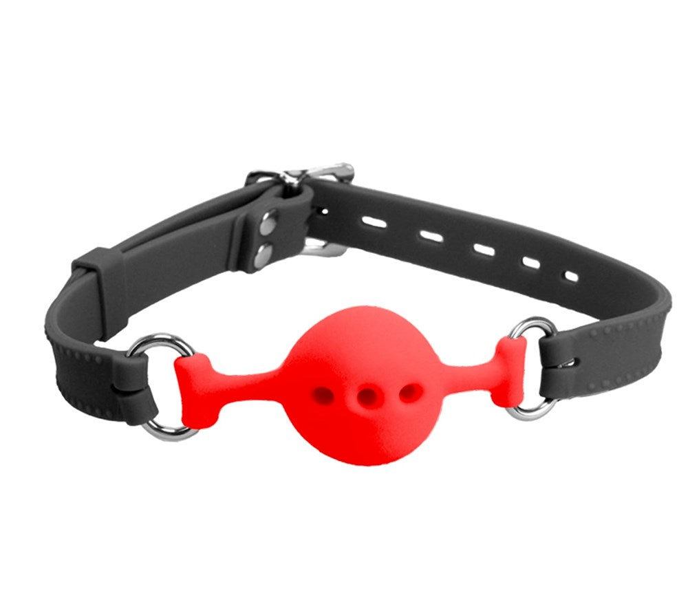 Love In Leather Silicone Gag with Breathable Ball - Black Red - Bondage Gags and Bits
