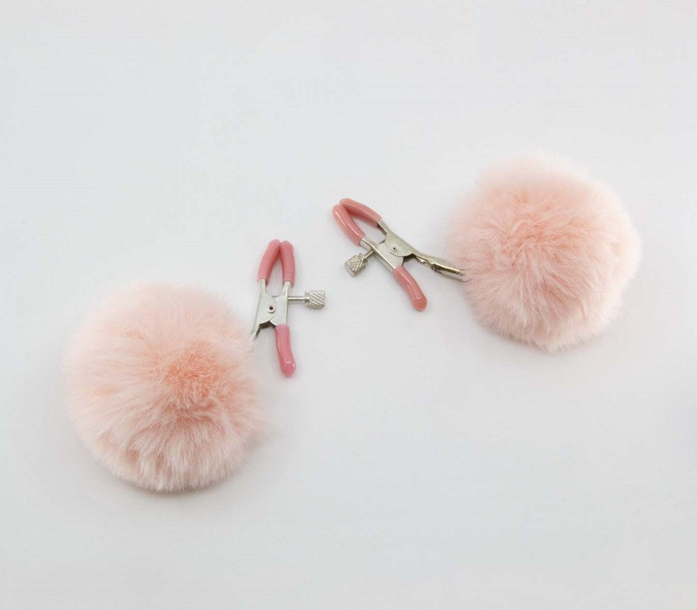 Love In Leather Pom Pom Womens Nipple Clamps with Adjustable Pressure - Pink - Nipple and Clit Clamps