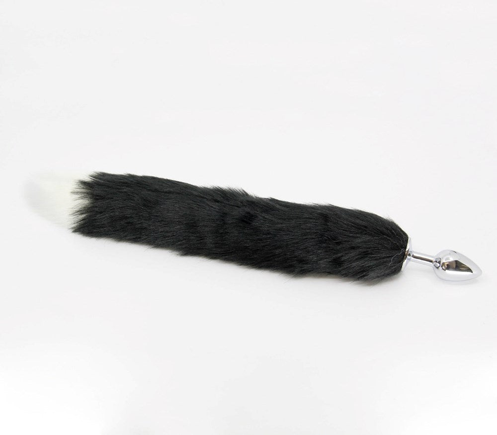 Love In Leather Faux Fur Fox Tail Butt Plug Medium with Premium Aluminium - Black - Butt Plugs