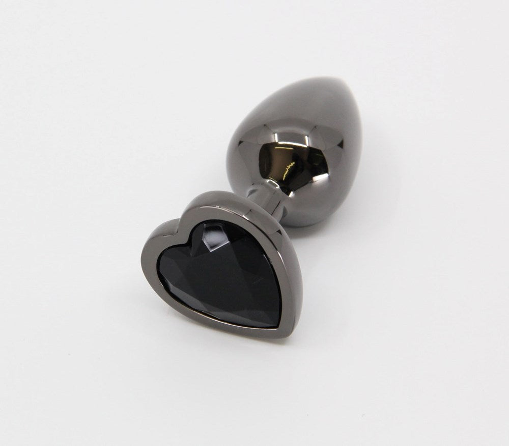 Love In Leather Metal Butt Plug With Heart Gem Premium Anal Stimulation - Gunmetal Black Small Black Chrome - Butt Plugs