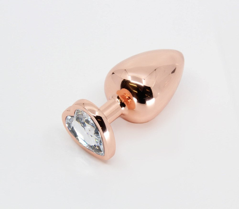 Love In Leather Metal Butt Plug With Heart Gem Premium Anal Stimulation - Clear Medium Rose Gold - Butt Plugs