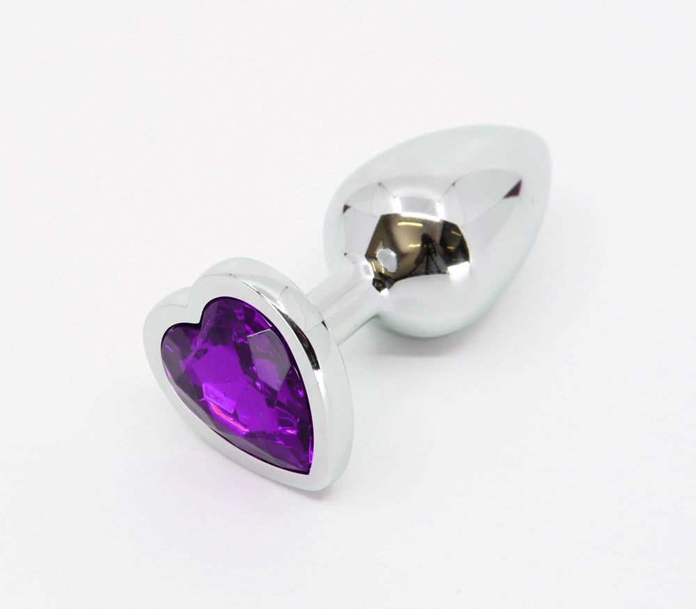 Love In Leather Metal Butt Plug With Heart Gem Premium Anal Stimulation - Purple Large Silver Chrome - Butt Plugs