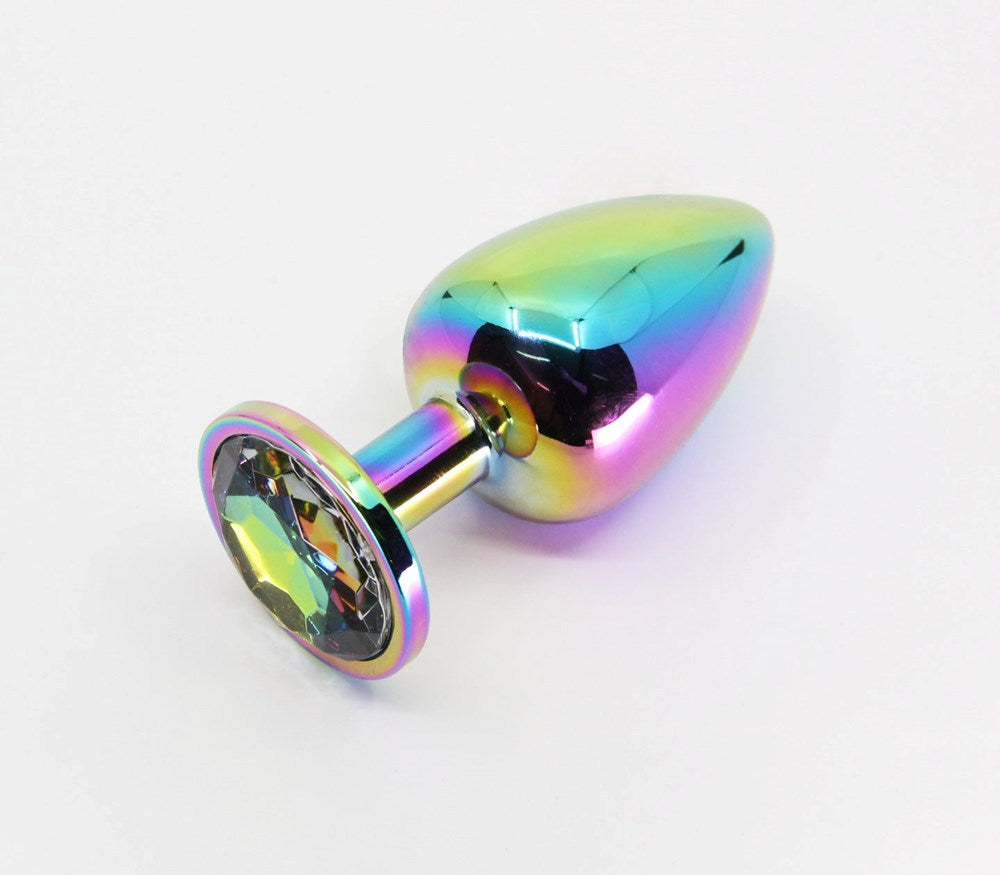 Love In Leather Round Gem Metal Anal Plug Premium Metal Construction - Pride Rainbow Small Silver Chrome - Butt Plugs