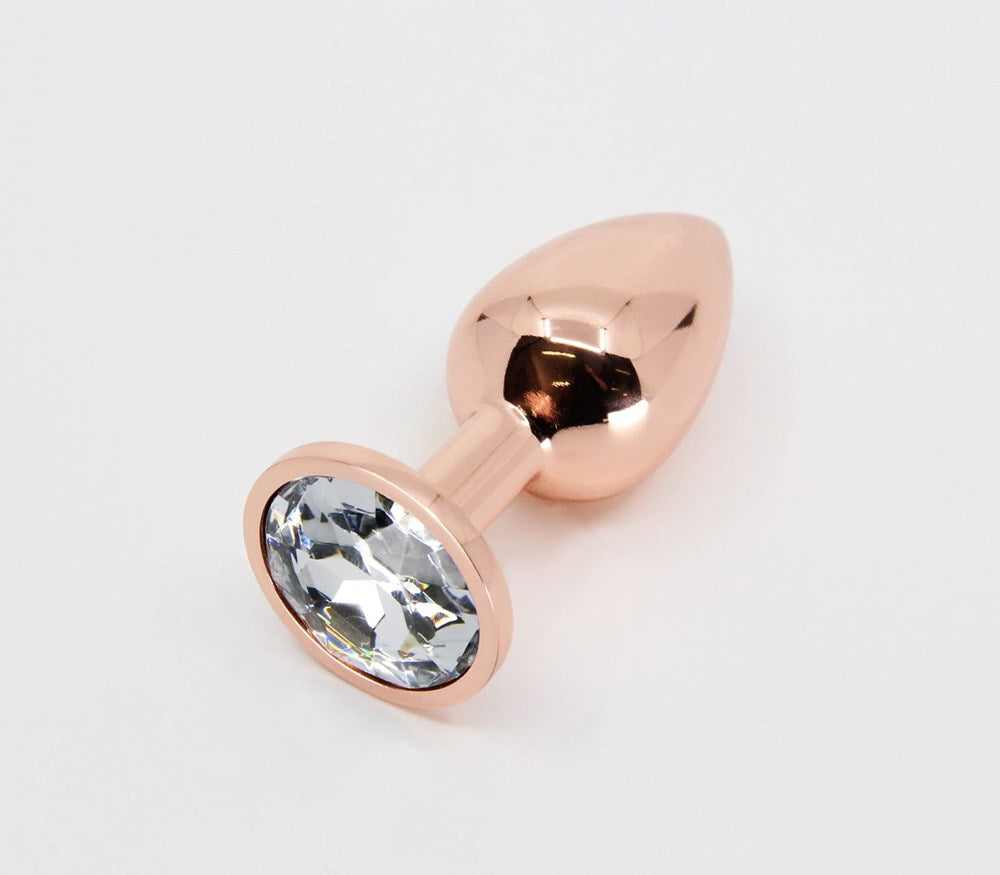 Love In Leather Round Gem Metal Anal Plug Premium Metal Construction - Clear Small Rose Gold - Butt Plugs