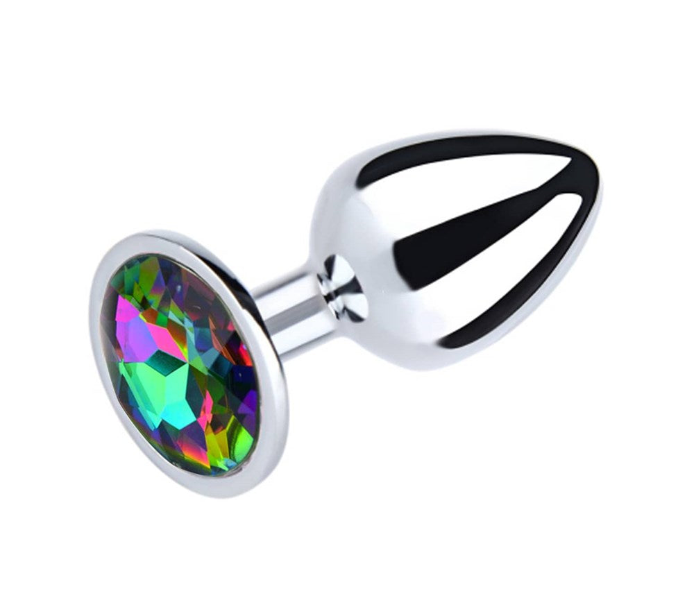Love In Leather Round Gem Metal Anal Plug Premium Metal Construction - Pride Rainbow Medium Silver Chrome - Butt Plugs