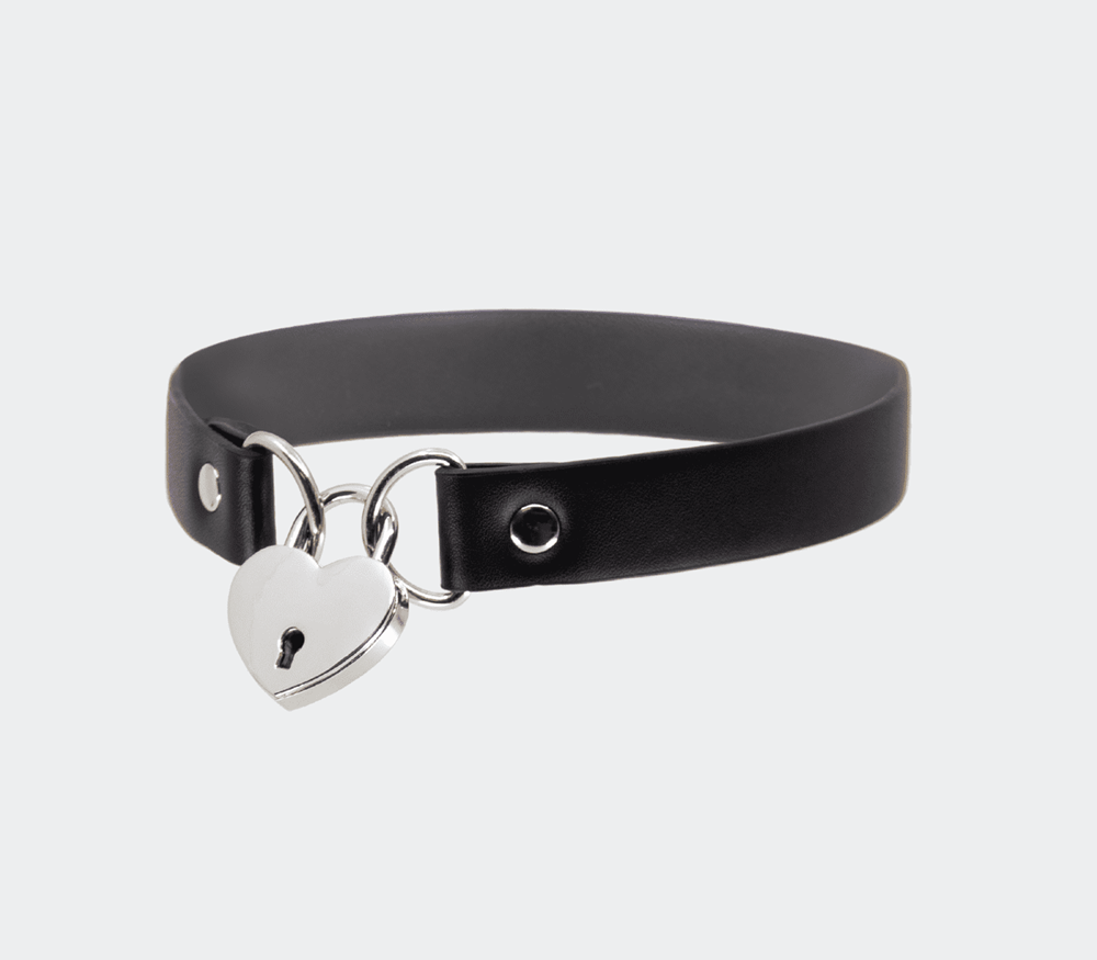 Love In Leather Heart Padlock Faux Leather Choker with Functional Lock - Default Title - Collars and Leads