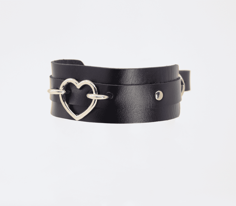Love In Leather Heart Embellishment Faux Leather Collar with 35mm Heart - - Collars and Leads