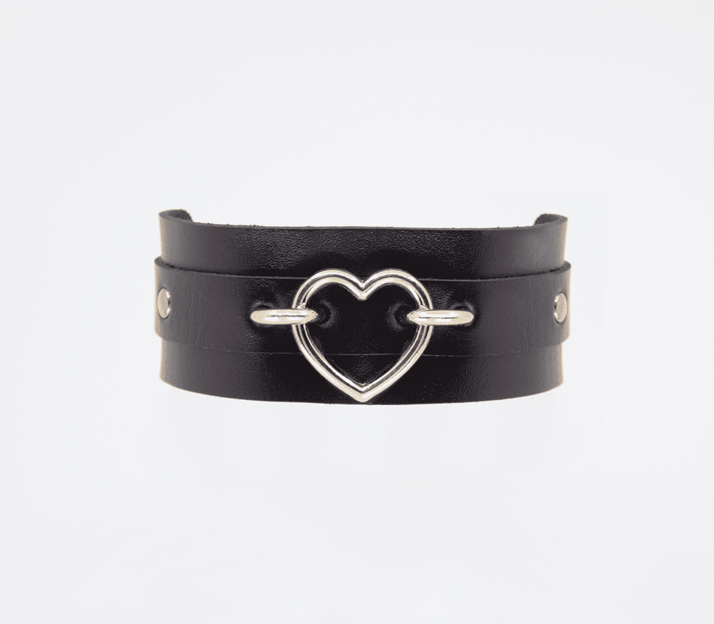 Love In Leather Heart Embellishment Faux Leather Collar with 35mm Heart - Gold - Collars and Leads