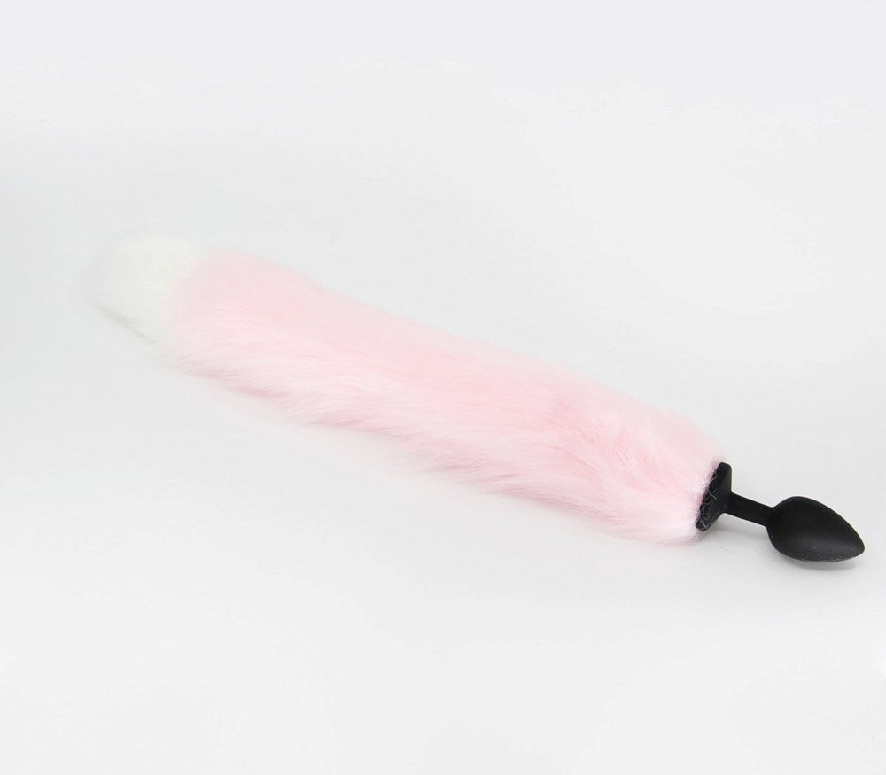 Love In Leather Fox Tail Silicone Anal Plug Large with 38cm Faux Fur Tail - Pink White - Butt Plugs