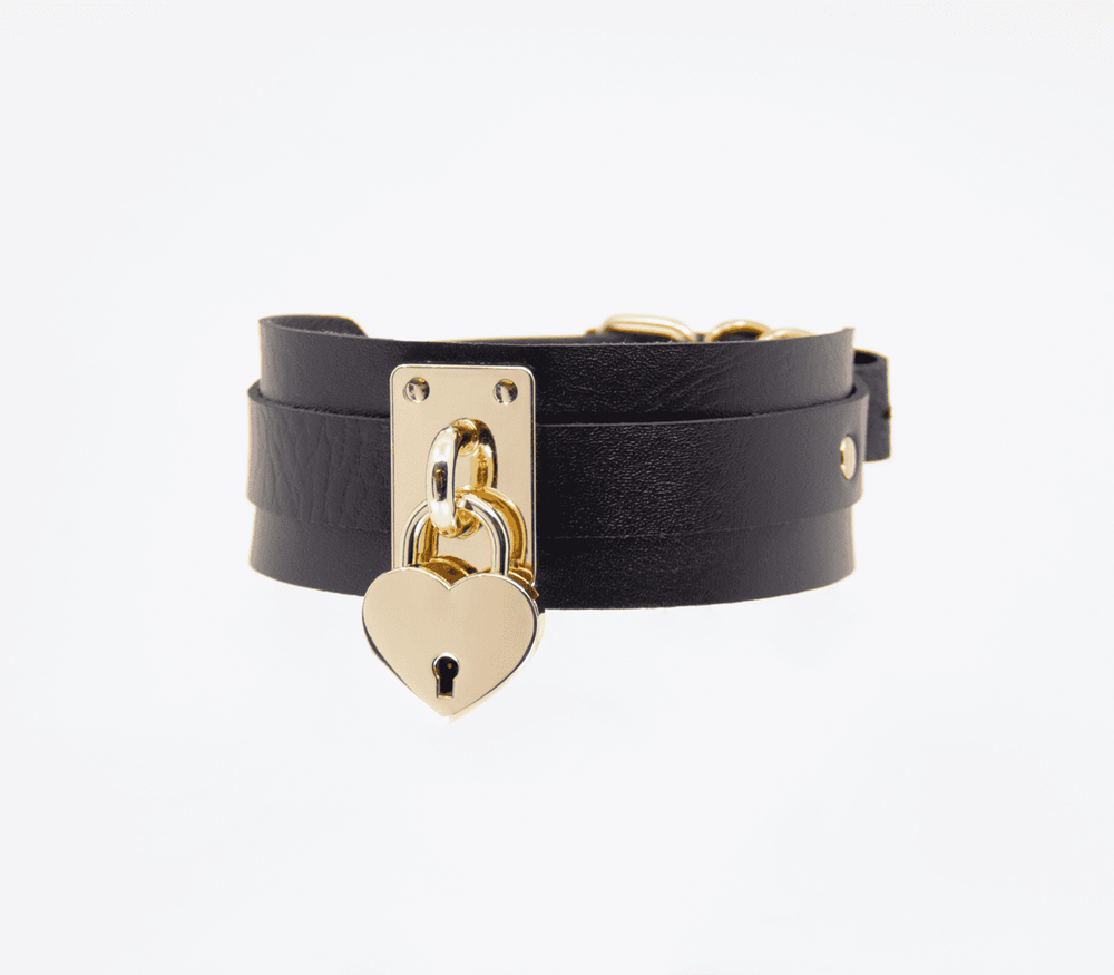 Love In Leather Heart Padlock Faux Leather Collar with Functional Lock - - Collars and Leads