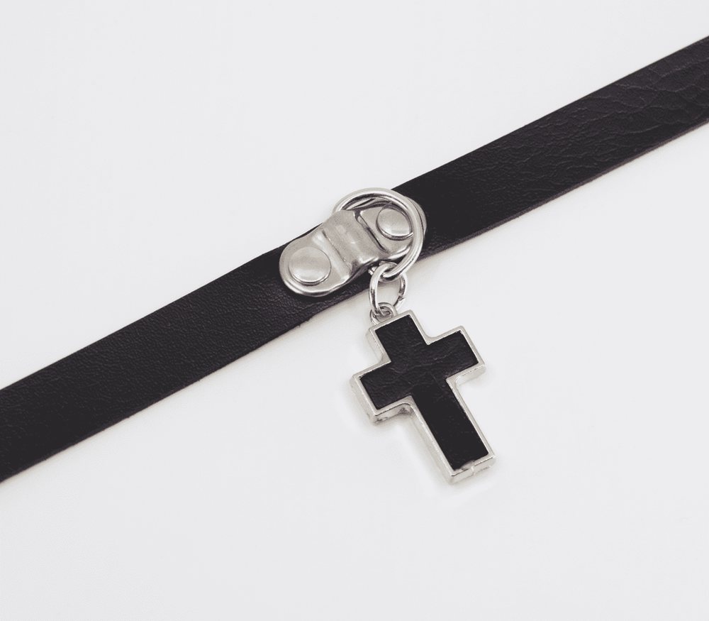 Love In Leather Cross Pendant Faux Leather Choker Gothic Alternative Style - - Collars and Leads