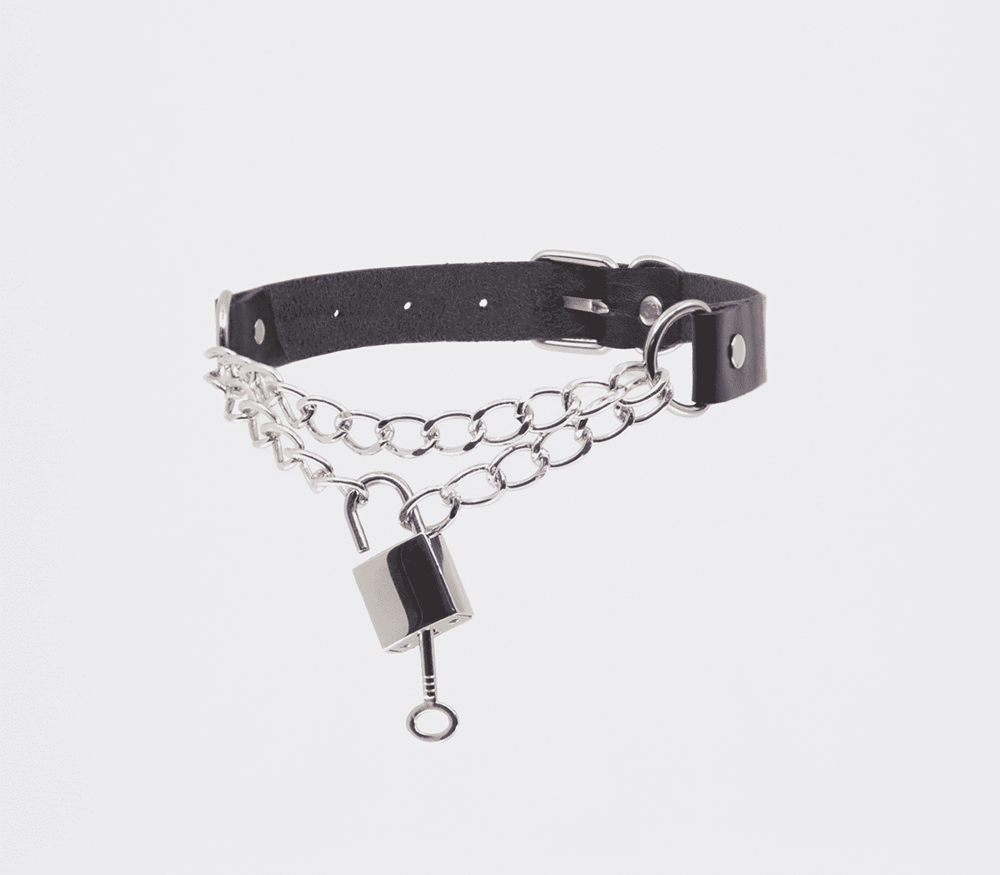 Love In Leather Chain Padlock Faux Leather Choker with Dual Chains and Key - - Collars and Leads