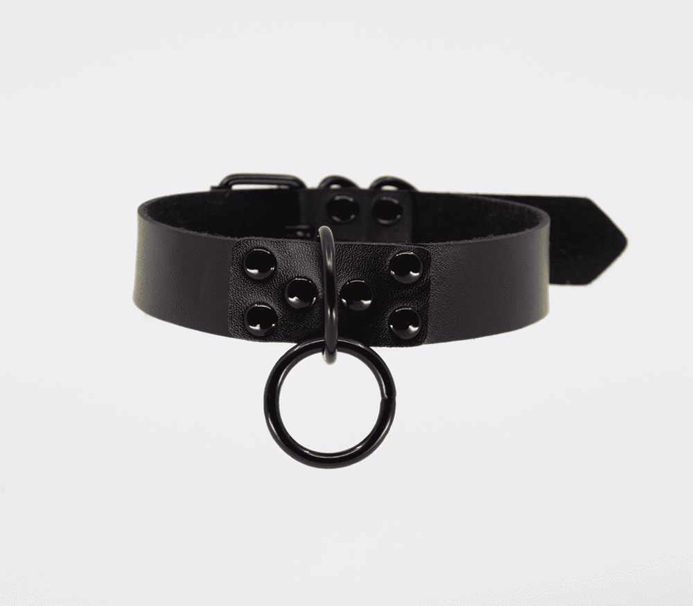 Love In Leather Black Ring Leather BDSM Choker with Dual Metal Rings - - Collars and Leads
