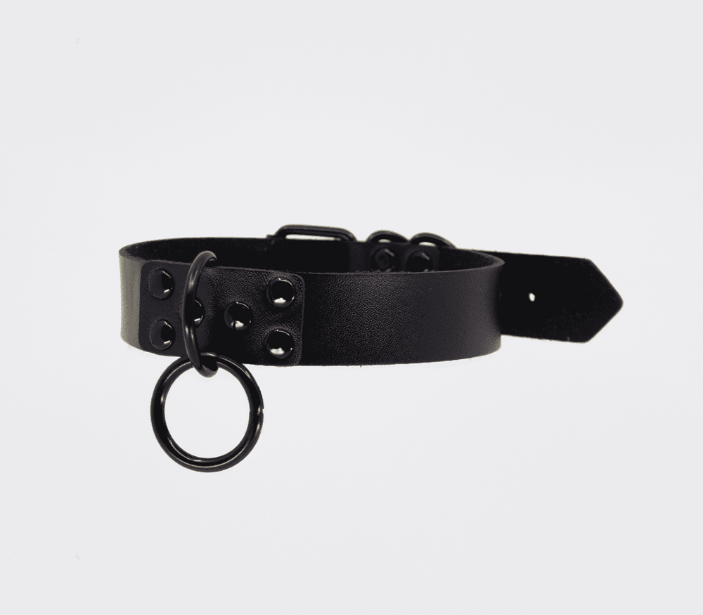 Love In Leather Black Ring Leather BDSM Choker with Dual Metal Rings - Default Title - Collars and Leads
