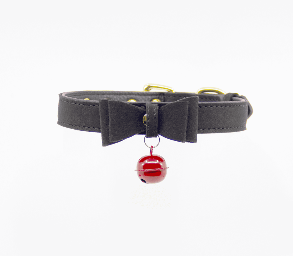 Berlin Baby Faux Suede Leather Bow Cat Bell Collar - Black Red - Collars and Leads