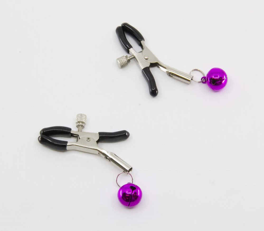 Love In Leather Womens Bells Nipple Clamps with Adjustable Pressure Control - Hot Pink - Nipple and Clit Clamps