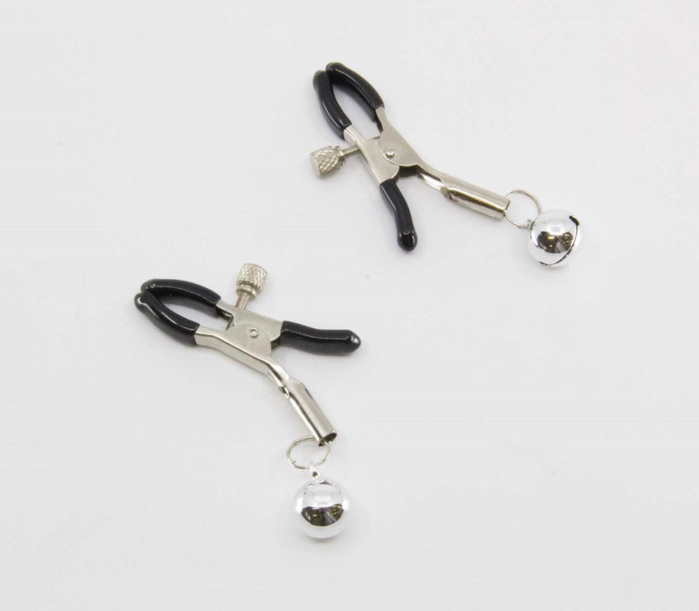 Love In Leather Womens Bells Nipple Clamps with Adjustable Pressure Control - Silver - Nipple and Clit Clamps