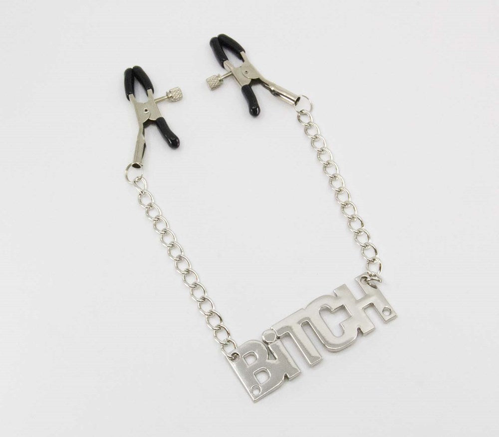 Love In Leather BITCH Words Womens Nipple Clamp with Heavyweight Chain Design - Default Title - Nipple and Clit Clamps