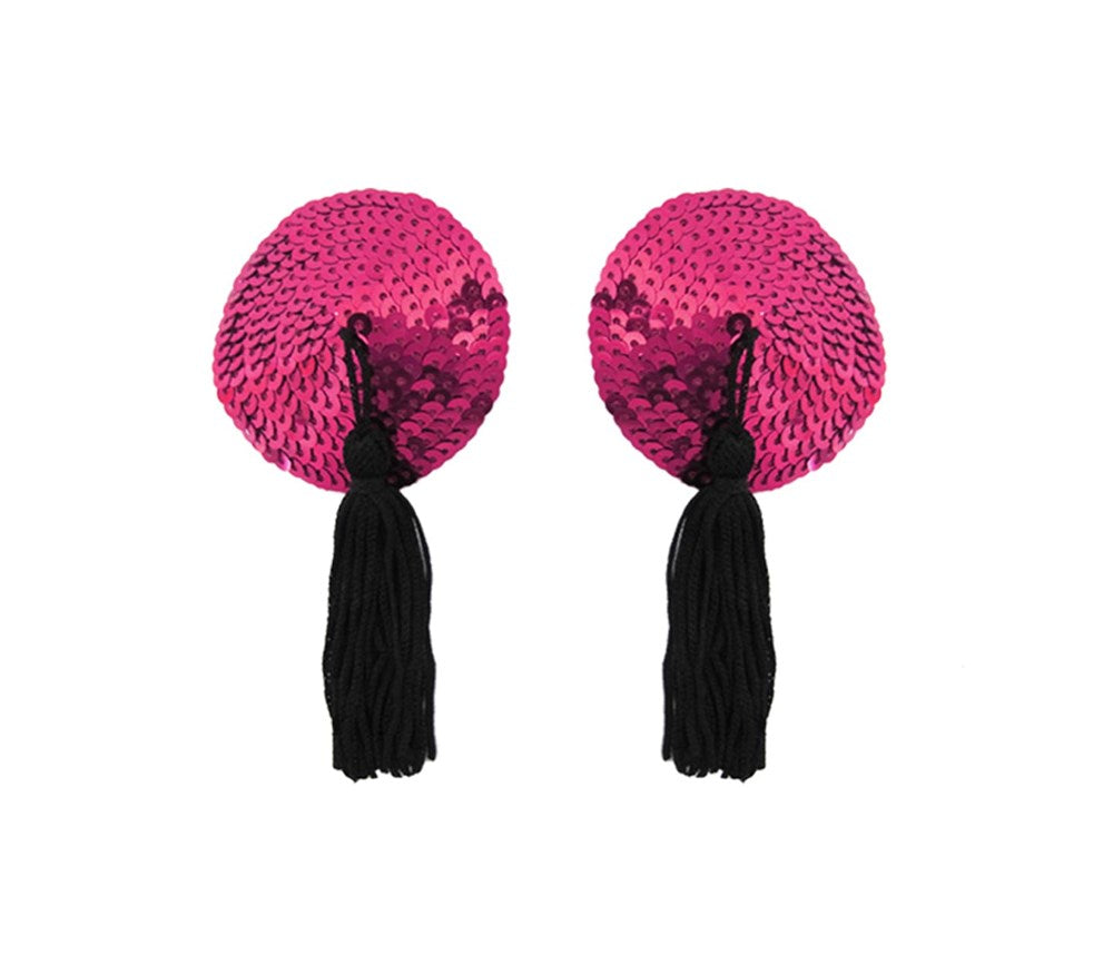 Love In Leather Round Sequin Sexy Nipple Tassels with Reusable Adhesive - Hot Pink - Breast and Nipple Toys