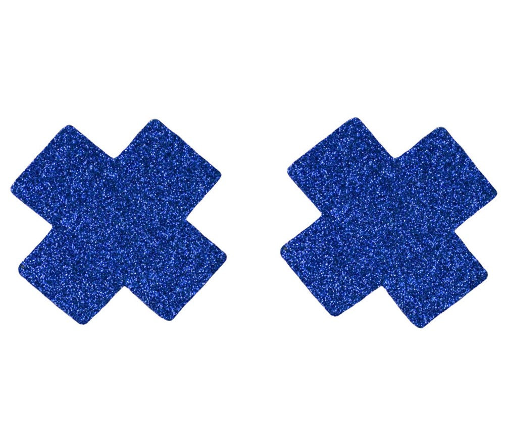 Love In Leather Satin Cross Womens Nipple Pasties Glow in Dark Effects - Blue Glitter - Breast and Nipple Toys