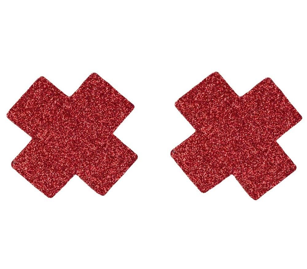 Love In Leather Satin Cross Womens Nipple Pasties Glow in Dark Effects - Red Glitter - Breast and Nipple Toys