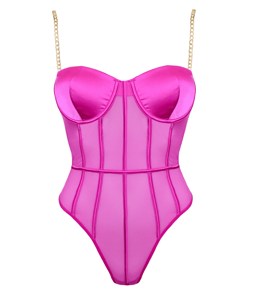 Muse Lingerie Soft Pink Mesh Sexy Womens Bodysuit with Gold Chain Details - Small - Her Fetish