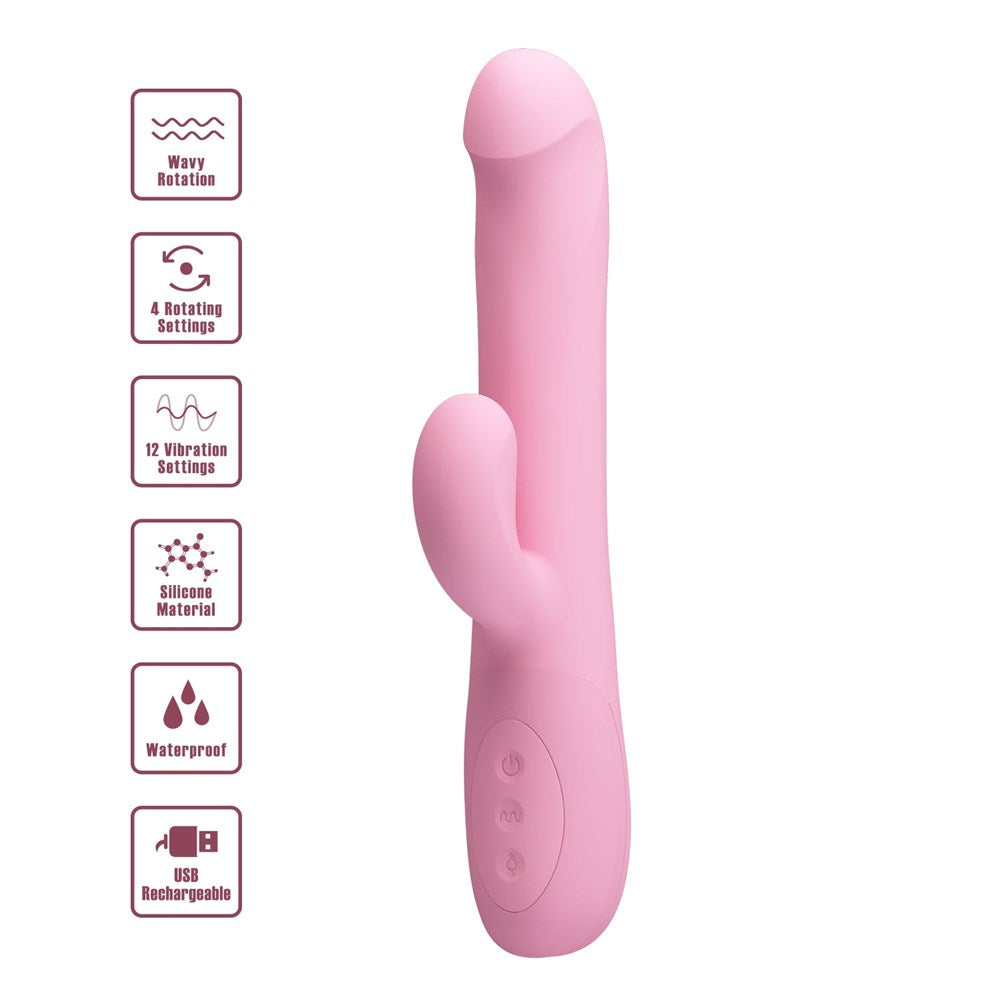 Party Up DEAN Wavy Rechargeable Rotating Rabbit Vibrator Dual Stimulation - Pink - Rabbit Vibrators