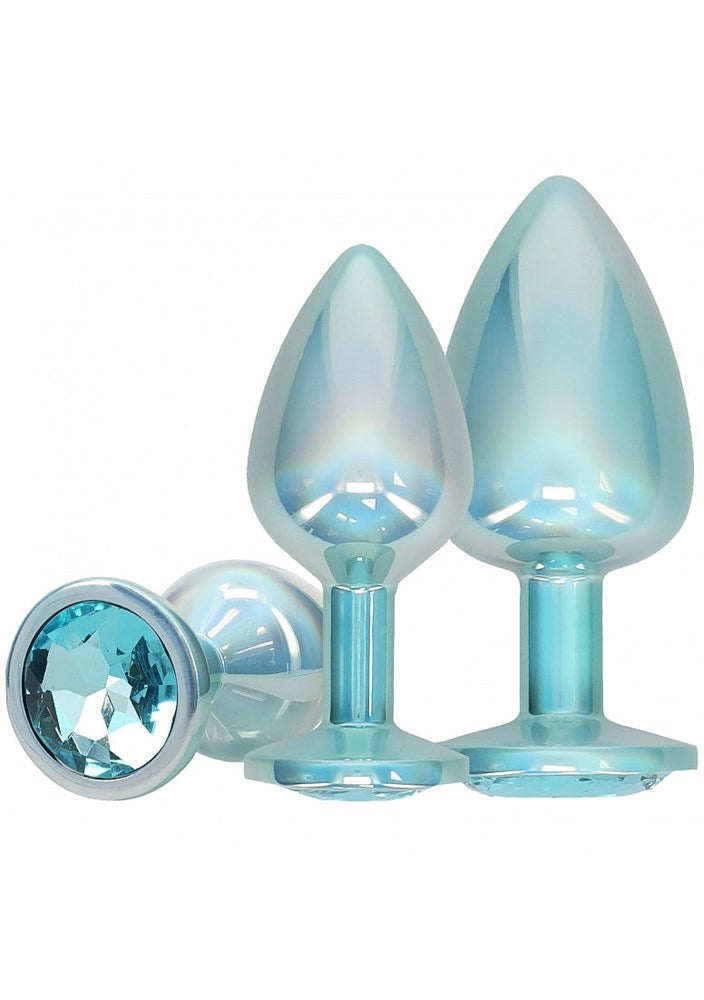 Shots Toys OUCH! Paris Collection Metallic Butt Plugs with Gem Bases Set - Blue - Butt Plugs