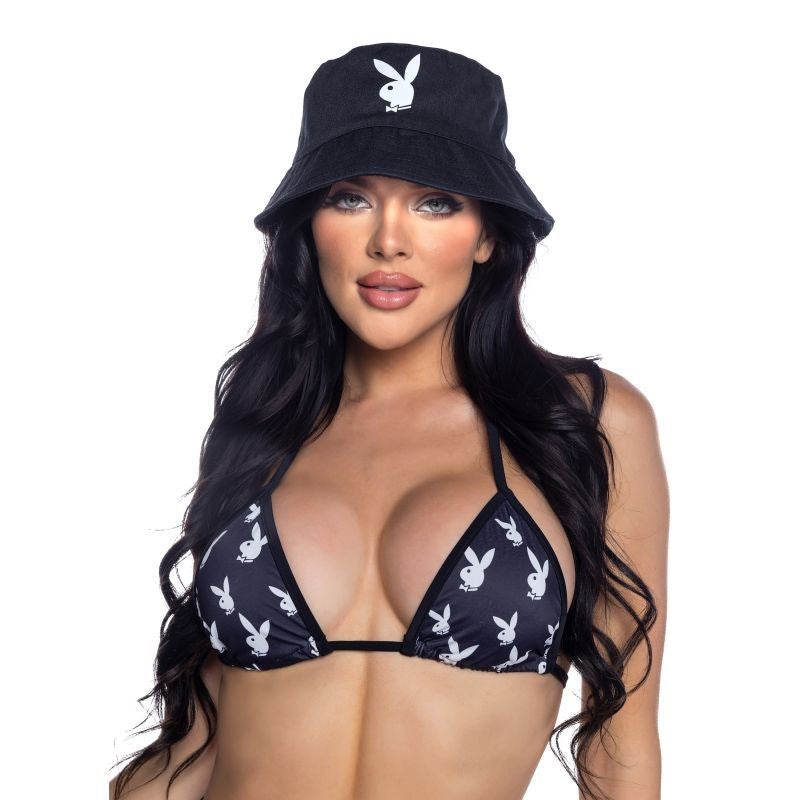 Playboy Lingerie Bucket Hat with Bunny Logo Iconic Branded Festival Wear - Black - Wigs and Gloves