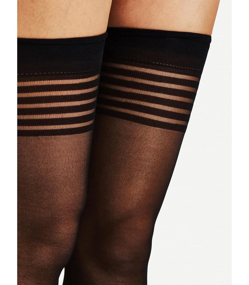 Love In Leather Sheer Thigh Highs With Band Top Seductive Black Hosiery - - Fishnet and Thigh Highs