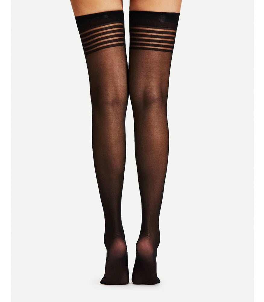 Love In Leather Sheer Thigh Highs With Band Top Seductive Black Hosiery - - Fishnet and Thigh Highs