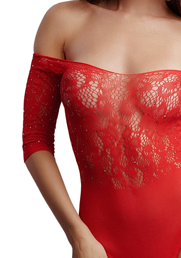 Shots Toys Le Desir Crotchless Rhinestone Sexy Teddy Red Lingerie - - Teddies and Bodysuits