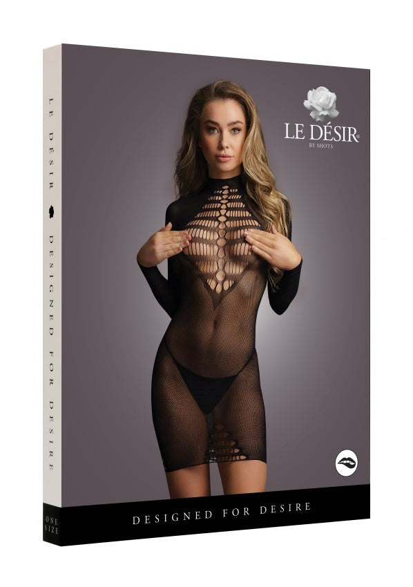 Shots Toys Le Desir Long Sleeve Fishnet Dress Black Sheer Seductive Design - - Fishnet and Thigh Highs