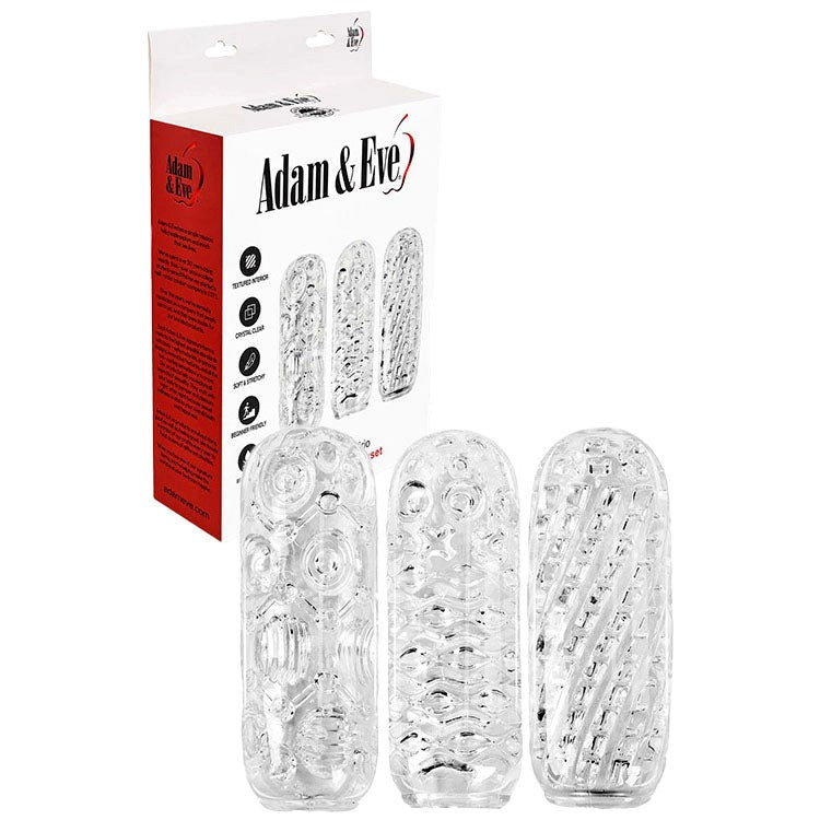 Adam & Eve Adams Crystal Trio 3 Pack Strokers with See Through Design - Clear - Masturbators and Strokers