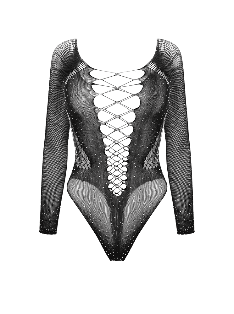 Love In Leather Rhinestone Sexy Womens Bodysuit Sparkling Long Sleeve Body - Black - Teddies and Bodysuits