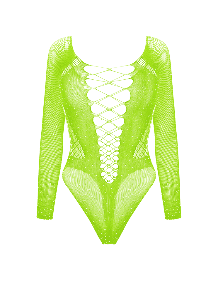 Love In Leather Rhinestone Sexy Womens Bodysuit Sparkling Long Sleeve Body - Fluro - Teddies and Bodysuits