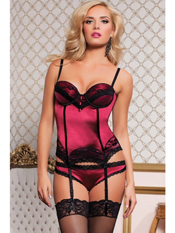 Seven til Midnight Stretch Satin and Lace Bustier and Panty with Push Up Cups - 1XL 2XL - Bustiers and Corsets