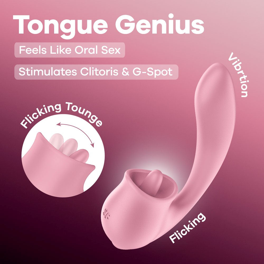 Satisfyer Tongue Genius Vibrator with Clit Stimulator USB Rechargeable - Pink - Clit Ticklers and Pulsators