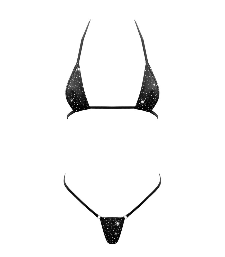 Love In Leather Rhinestone Embellished Micro Bikini OS Revealing Design - Black - G-Strings, Panties and Shorts