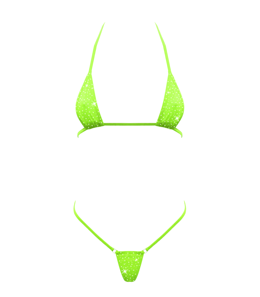 Love In Leather Rhinestone Embellished Micro Bikini OS Revealing Design - Fluro - G-Strings, Panties and Shorts